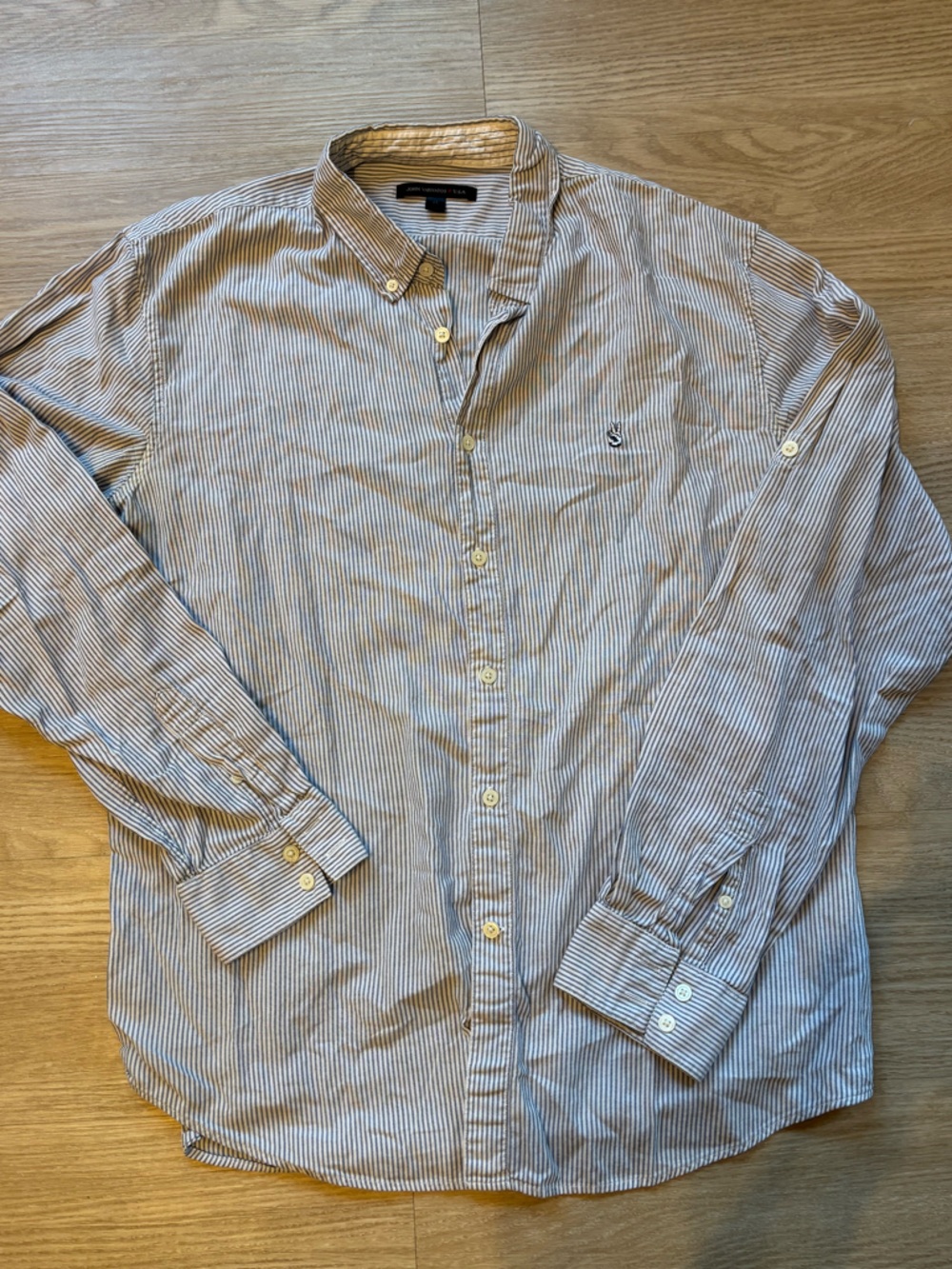 John Varvatos Men’s XL Blue White Striped Button Down Roll Tab Peace Logo